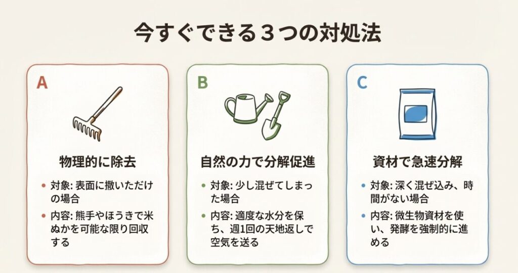 物理的に除去する、天地返しで自然分解、微生物資材で急速分解の3つの対処法イラスト