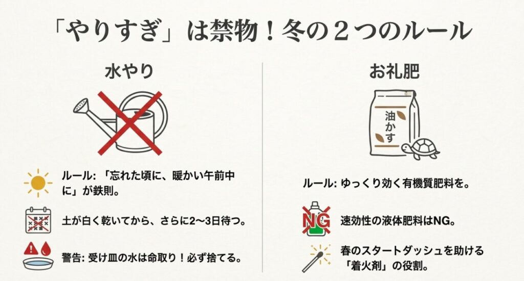 水やりは控えめにし、油かすなどの有機質肥料を与えるイラスト。「やりすぎは禁物」という注意書き