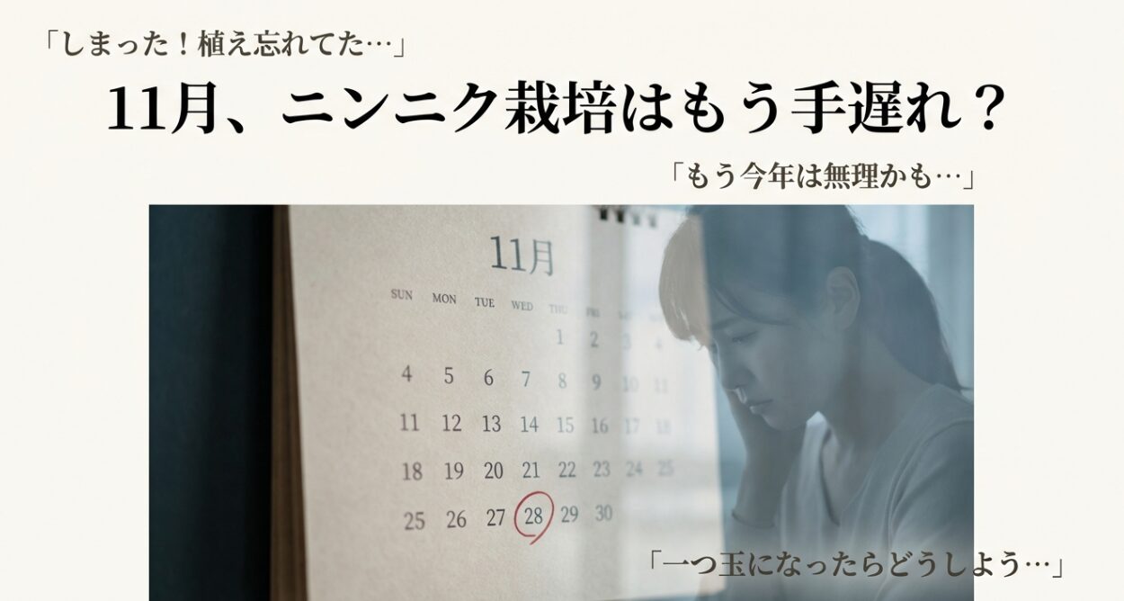 11月のカレンダーを見てニンニクの植え付けを忘れていたことに気づき焦っている様子。遅植えのリスクを示唆。