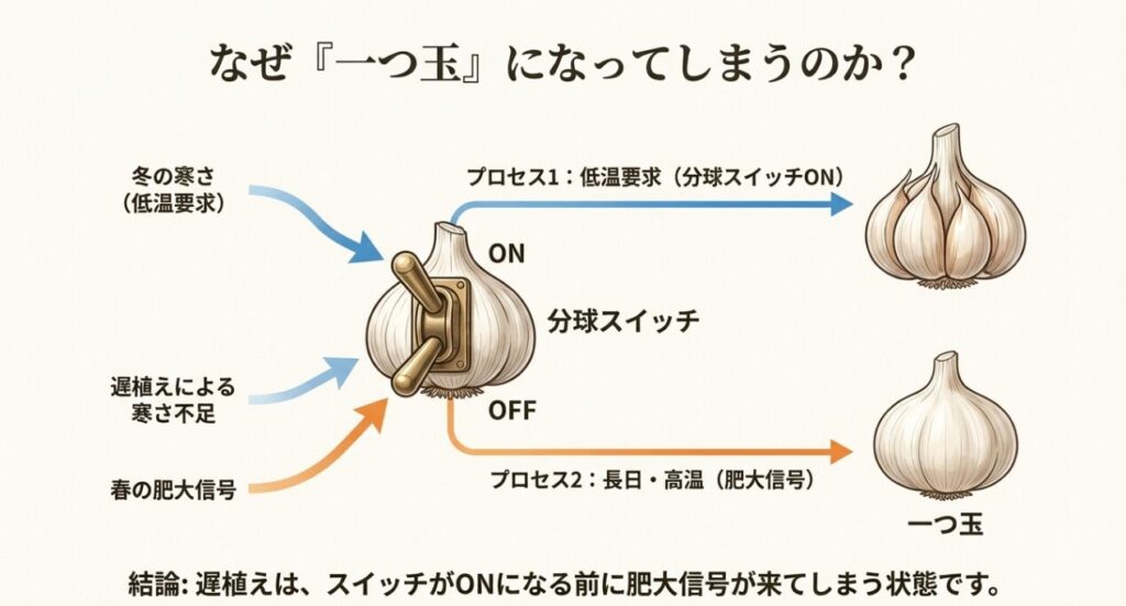 ニンニクの分球スイッチ（低温要求）と肥大信号（長日・高温）の関係図。遅植えによる寒さ不足が一つ玉の原因になるプロセスを解説。