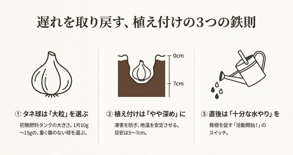 ニンニクの遅植えを成功させる3つのポイント。1.大粒の種球を選ぶ、2.深さ5-7cmに植える、3.たっぷりと水やりをするイラスト解説。