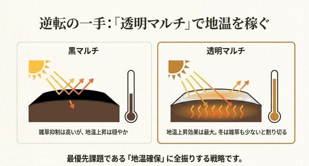 ニンニク栽培におけるマルチの効果比較図。黒マルチは雑草抑制に優れるが、透明マルチは太陽熱を通し地温確保に最大効果があることを説明。