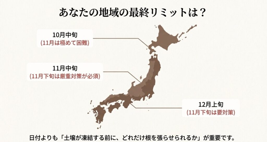 日本地図を用いたニンニク植え付け時期の限界ライン解説。北海道・東北は10月中旬、関東は11月中旬、九州などの暖地は12月上旬が目安であることを図示。