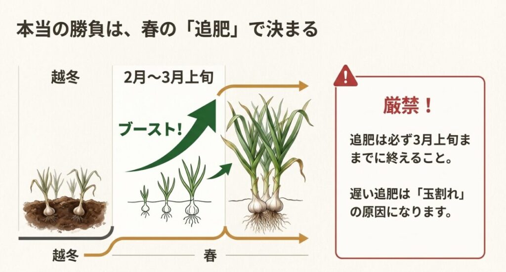 遅植えニンニクの追肥スケジュール。2月から3月上旬に追肥を行い、遅い追肥は「玉割れ」の原因になるため厳禁であることを警告する図。