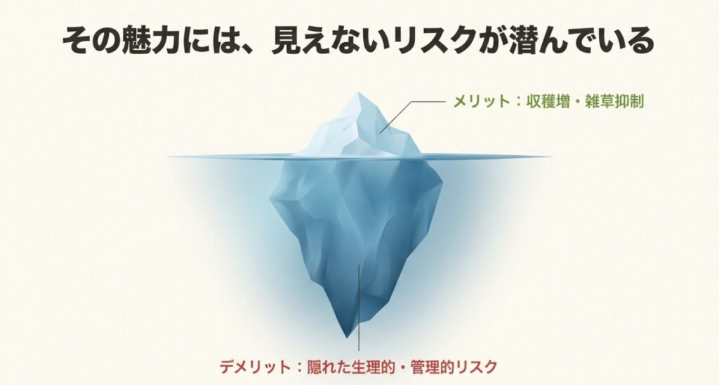 収穫増などのメリットの下に隠れた生理的・管理的リスクを表す氷山のイラスト