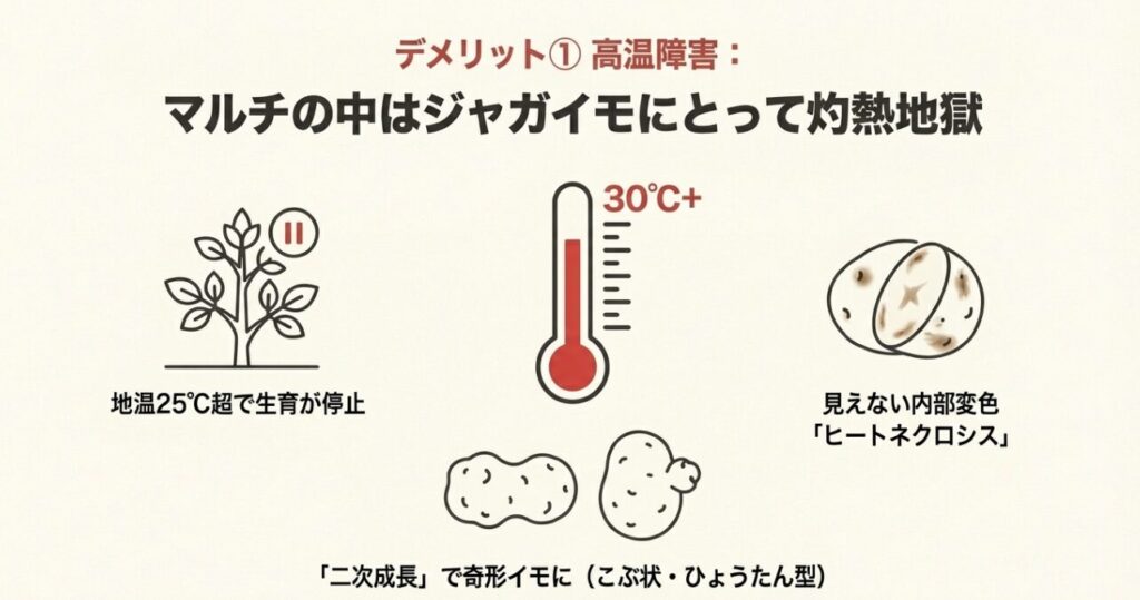 マルチ内の地温が30度を超えると発生する二次成長やヒートネクロシスのメカニズム図