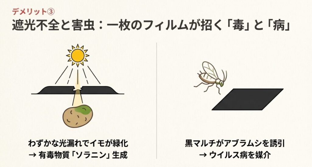 マルチの隙間からの光によるソラニン生成と、黒マルチが誘引するアブラムシによるウイルス病のリスク