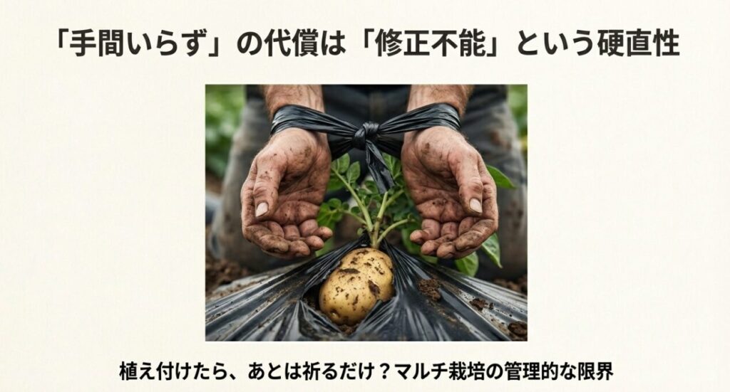 一度植えたら修正不能なマルチ栽培の管理的な限界を表現したイメージ画像