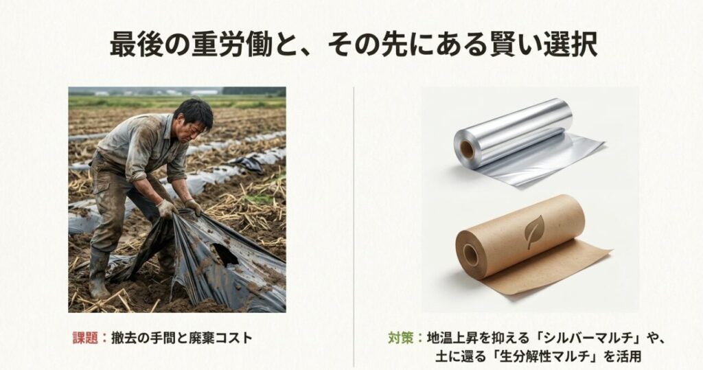 収穫後のマルチ剥がしの重労働と、対策としての生分解性マルチの活用提案