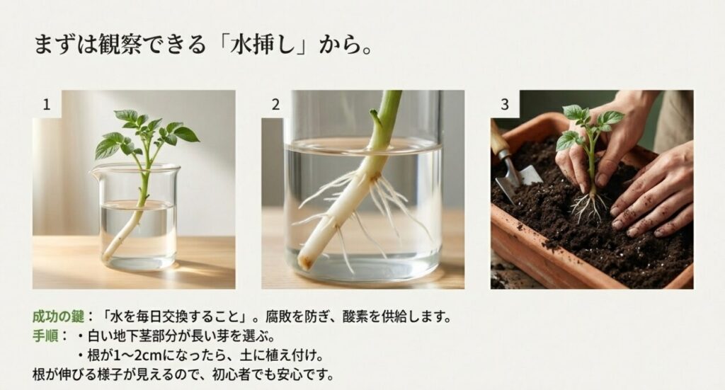 じゃがいもの芽の水挿し手順イラスト。1.容器に入れて毎日水を交換 2.発根を確認 3.土へ植え付けまでの流れ。