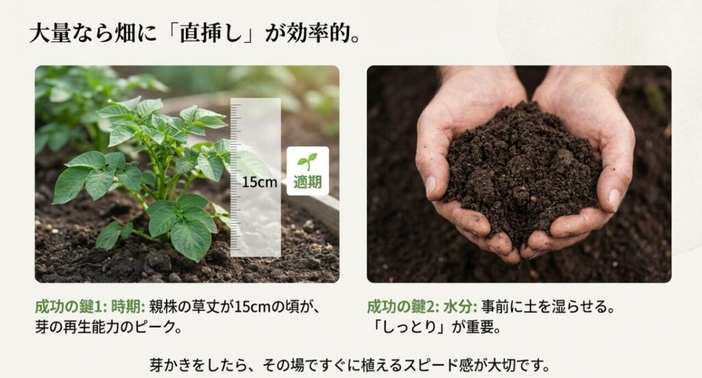 芽かき苗を土に直挿しする最適なタイミングの図解。親株の草丈が15cmの時期が再生能力のピークであることと、植え付け時のポイント。