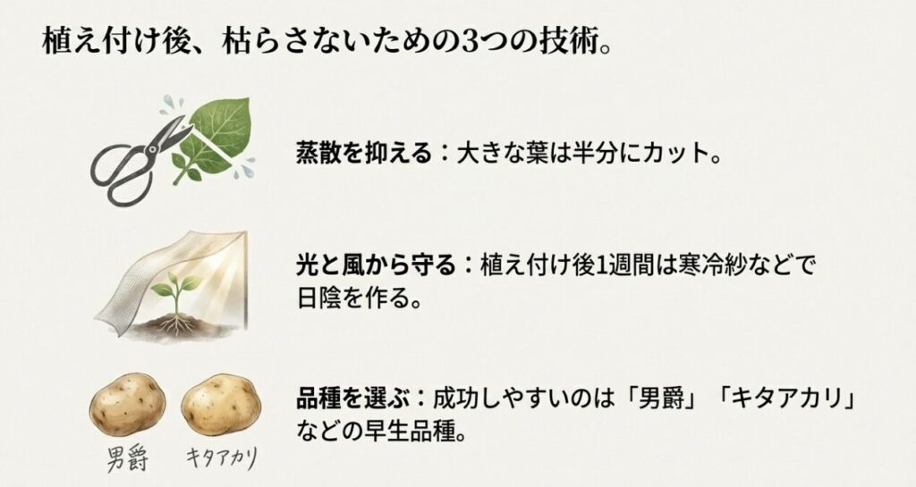 挿し芽の活着率を上げるための技術。葉を半分にカットして蒸散を抑える方法と、寒冷紗で日陰を作る重要性のイラスト。