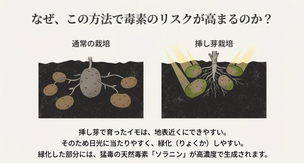 通常栽培と挿し芽栽培のイモの付き方の違い。挿し芽は地表近くにイモができやすく、日光に当たり緑化してソラニンが生成されるリスクが高い理由の図解。
