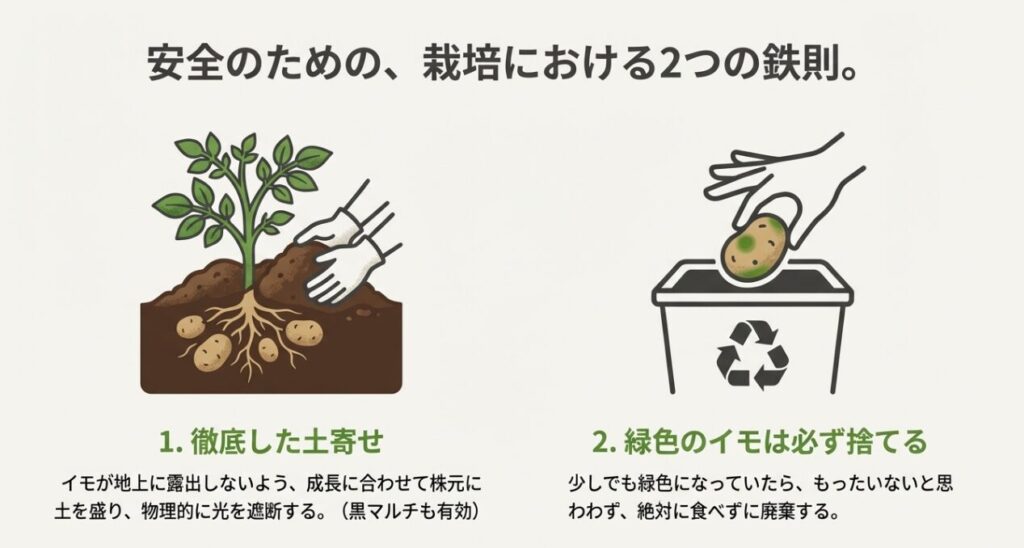 安全なじゃがいも栽培のための2つの鉄則。徹底した土寄せで光を遮断することと、緑化したイモは迷わず廃棄するルールのイラスト。