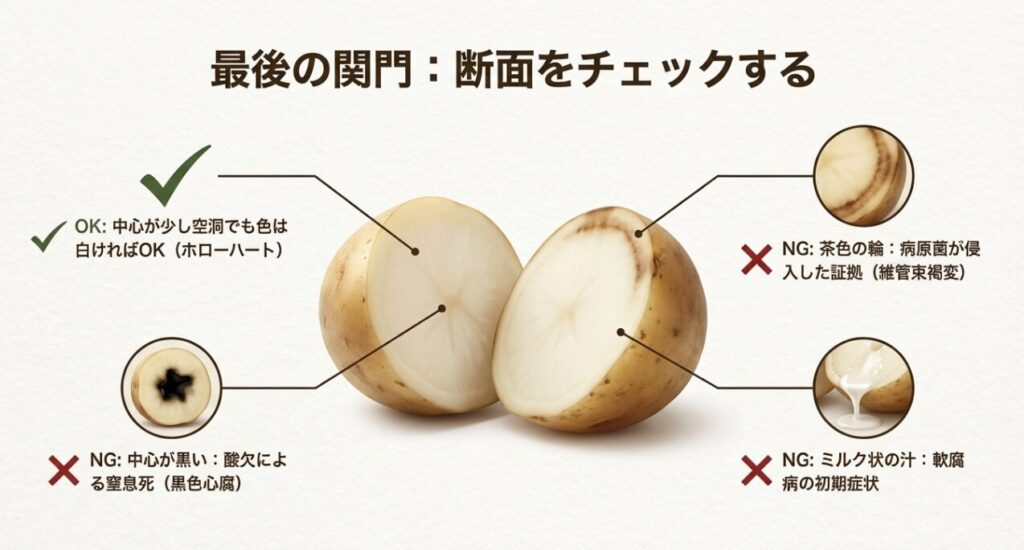 種芋の断面図。中心が黒い黒色心腐や、茶色の輪がある維管束褐変、ミルク状の汁は病気のサイン。