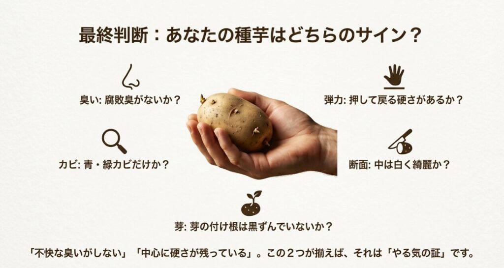 臭い、カビ、弾力、断面、芽の状態を確認する種芋の最終判断チェックリスト。