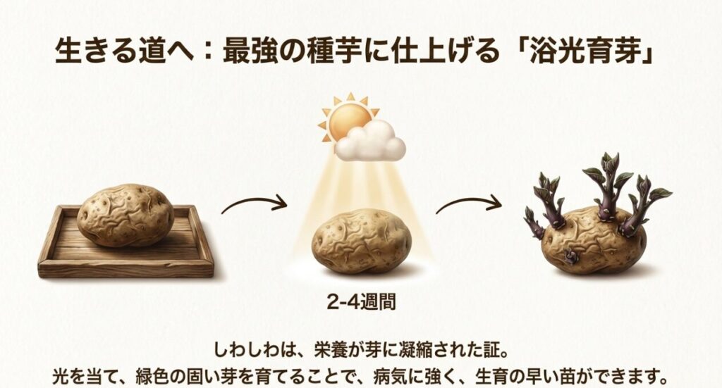 浴光育芽(芽出し)のイメージ。2〜4週間光に当てて緑色の固い芽を育てる工程。