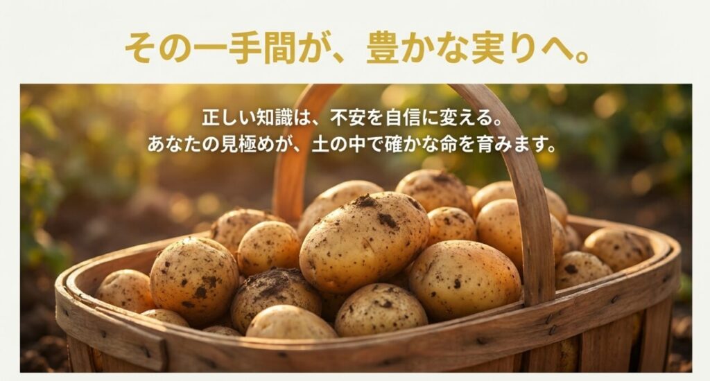 収穫された元気なじゃがいもがカゴに入っている様子。正しい見極めによる成功のイメージ。