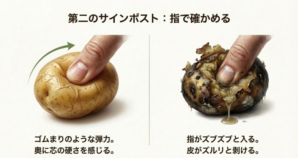種芋の弾力確認。指がズブズブ入るものは腐敗、ゴムまりのような弾力があれば生理的老化で植え付け可能。