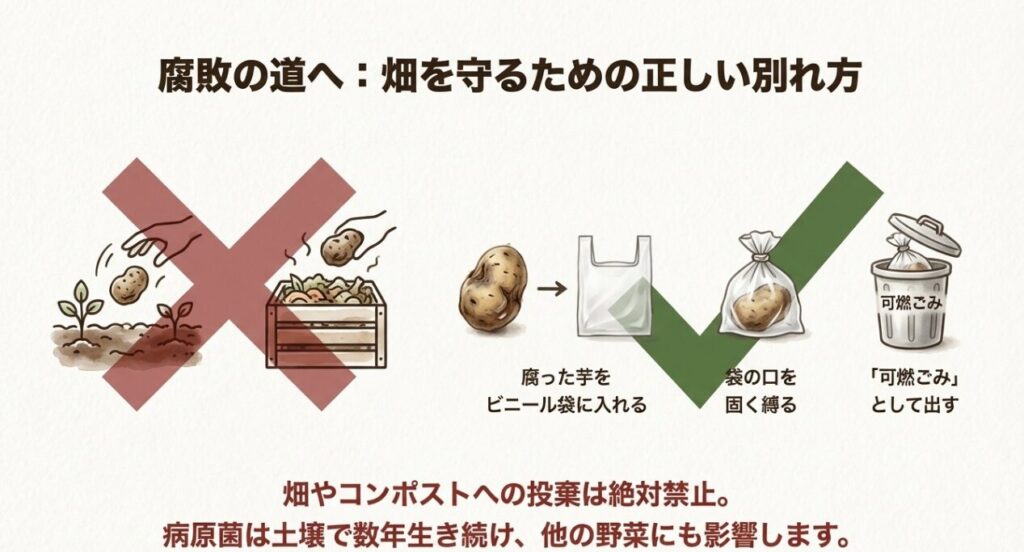 腐った種芋の捨て方。畑やコンポストに捨てず、ビニール袋に入れて可燃ごみとして出す正しい手順。