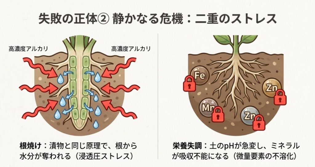 石灰散布直後の高濃度アルカリによる根の浸透圧ストレス(脱水)と、微量要素が吸収できなくなる仕組みのイラスト