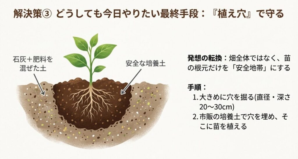 畑の土と苗の根の間に市販の培養土を入れて、石灰やガスの影響を受けない安全地帯を作る植え穴バリアの手順図解