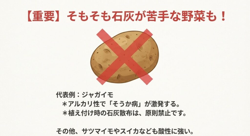 ジャガイモなどの特定の野菜は石灰(アルカリ性)を嫌い、そうか病の原因になるため散布してはいけないことの注意喚起
