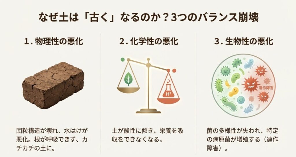 土が古くなる3つの原因(物理性・化学性・生物性の悪化)と団粒構造の崩壊