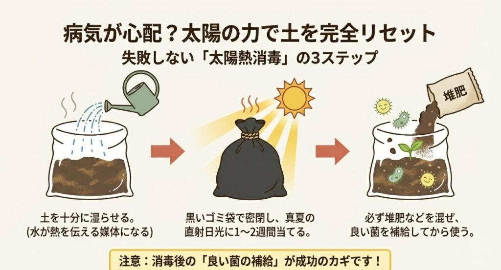 黒いゴミ袋と太陽光を使って土を殺菌する太陽熱消毒の3ステップ