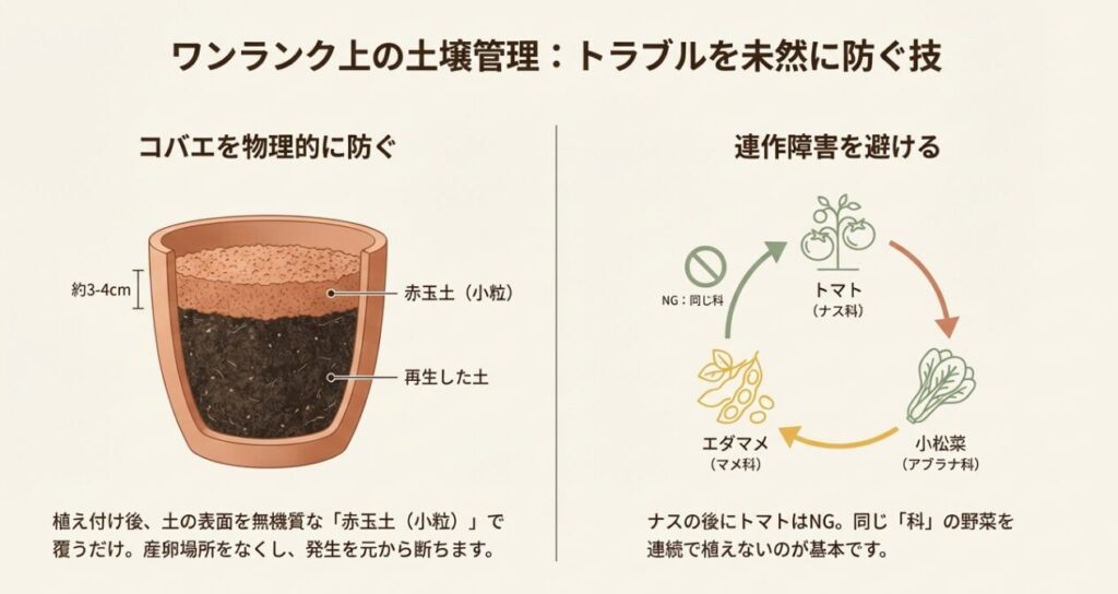 赤玉土によるコバエ対策の断面図と連作障害を防ぐ野菜のローテーション