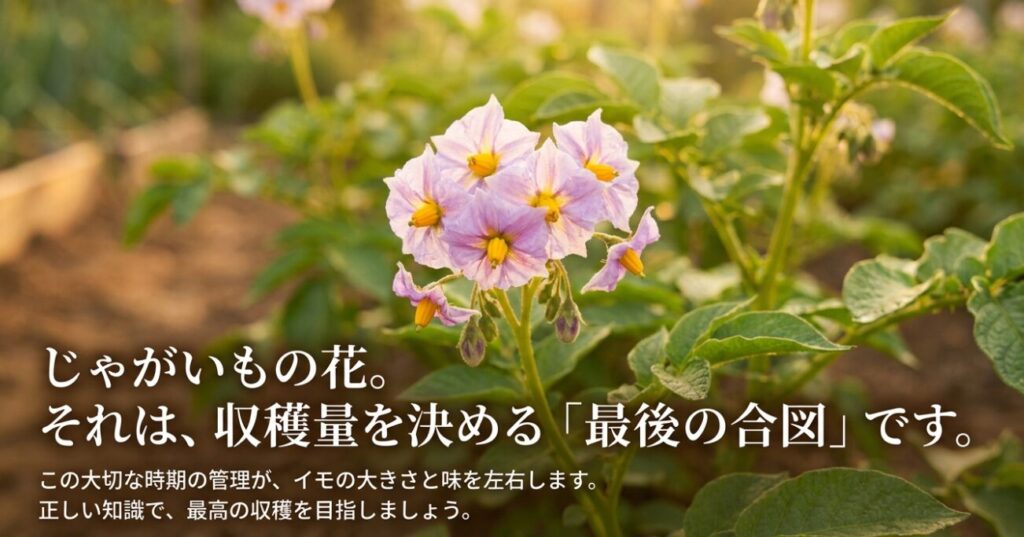 じゃがいもの花と蕾の写真。収穫量を決める重要な追肥の時期であることを示すスライド。