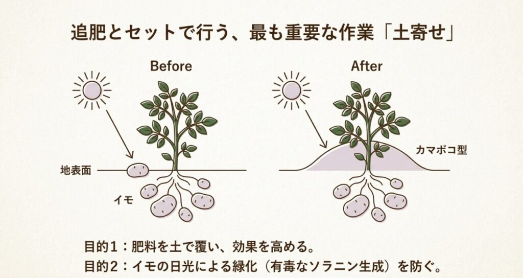 じゃがいもの土寄せビフォーアフター。カマボコ型の畝にしてイモの緑化とソラニン生成を防ぐ効果の解説。