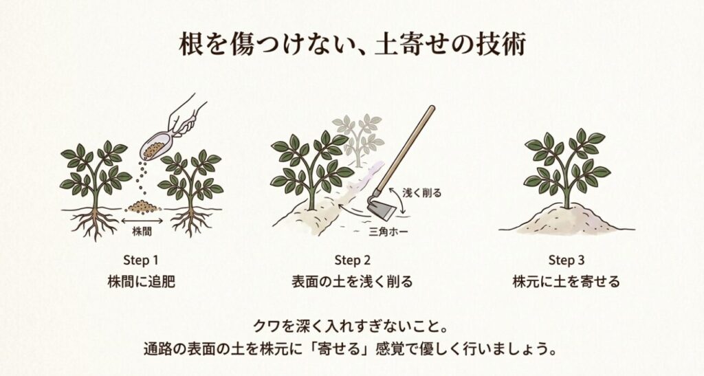 三角ホーを使った根を傷つけない浅い土寄せの手順(追肥から土寄せまで)の3ステップイラスト。