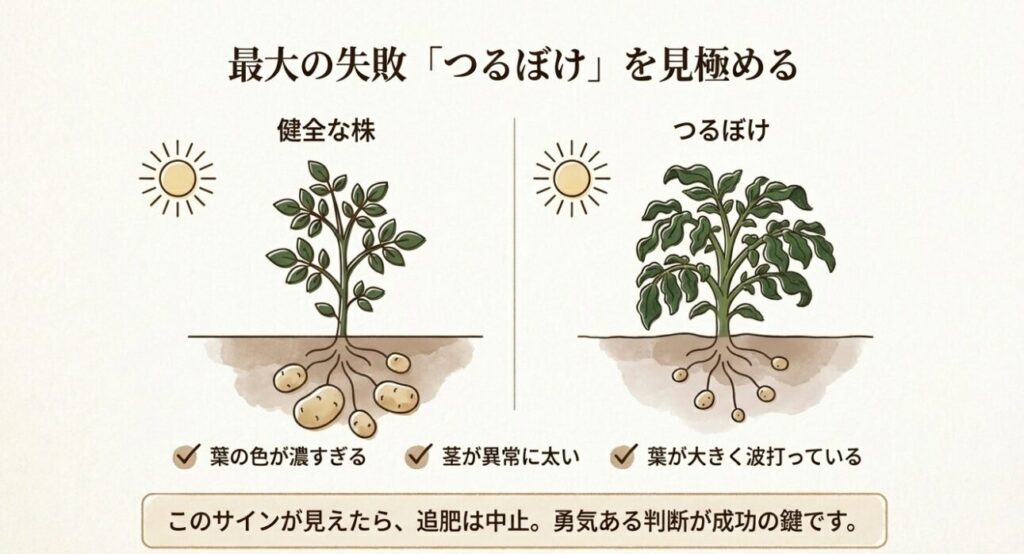 じゃがいものつるぼけのサイン(葉色が濃すぎる、茎が太い)と正常な株を比較したイラスト。追肥中止の判断基準。