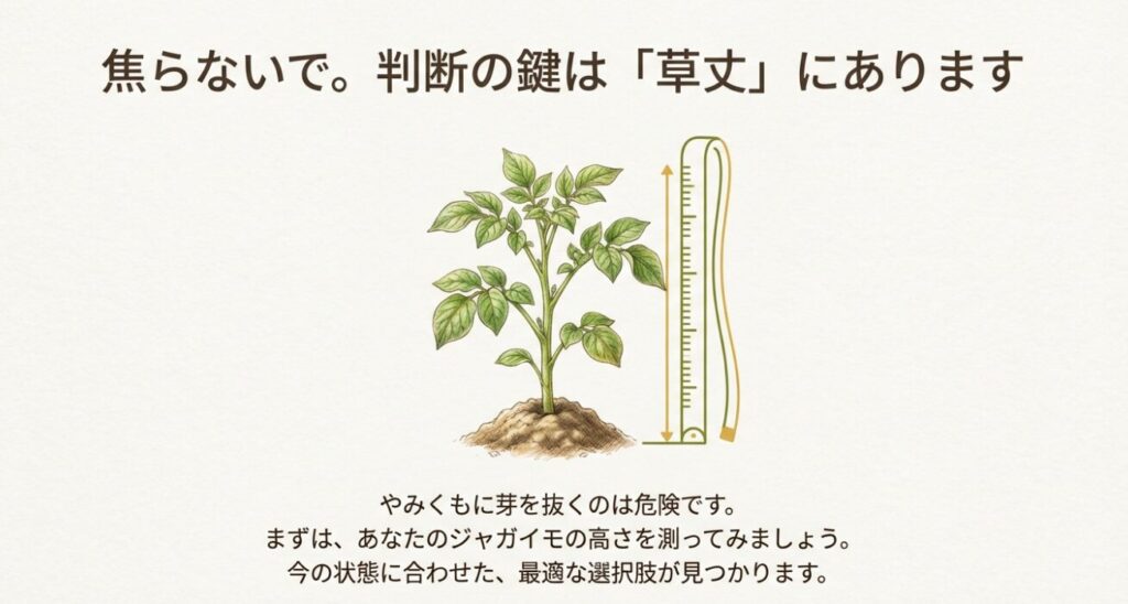 ジャガイモの芽かき判断の鍵となる草丈の測定