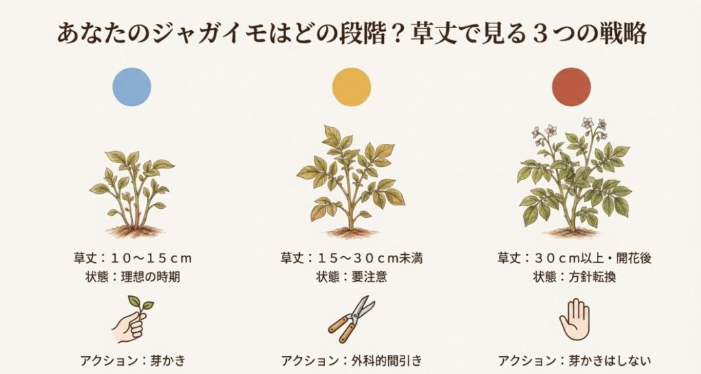 草丈別ジャガイモの芽かき判断チャート（適期・要注意・方針転換）