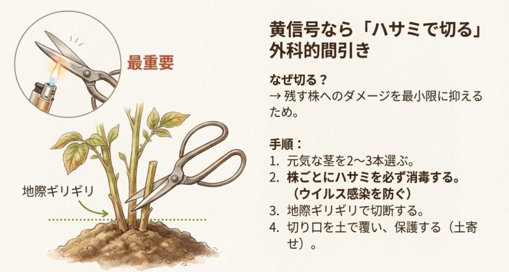 ハサミを使ったジャガイモの外科的間引き手順と消毒の重要性