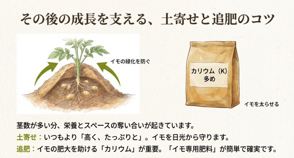 芽かきが遅れたジャガイモの土寄せと追肥（カリウム）のコツ