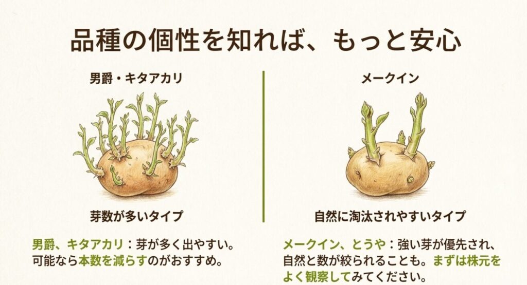 男爵・キタアカリとメークインの芽数の違いと対策