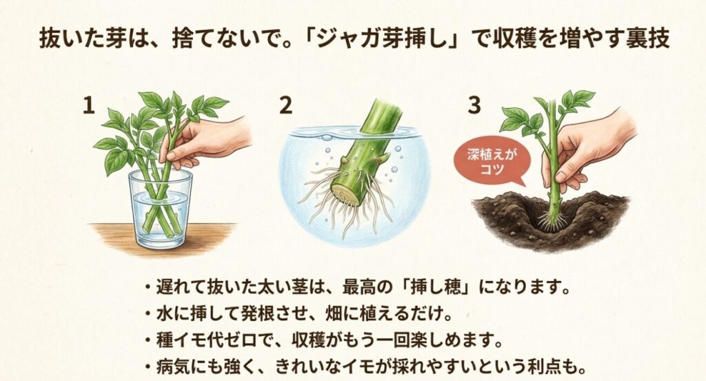 抜いた芽を再利用するジャガ芽挿しの手順（深植えがコツ）