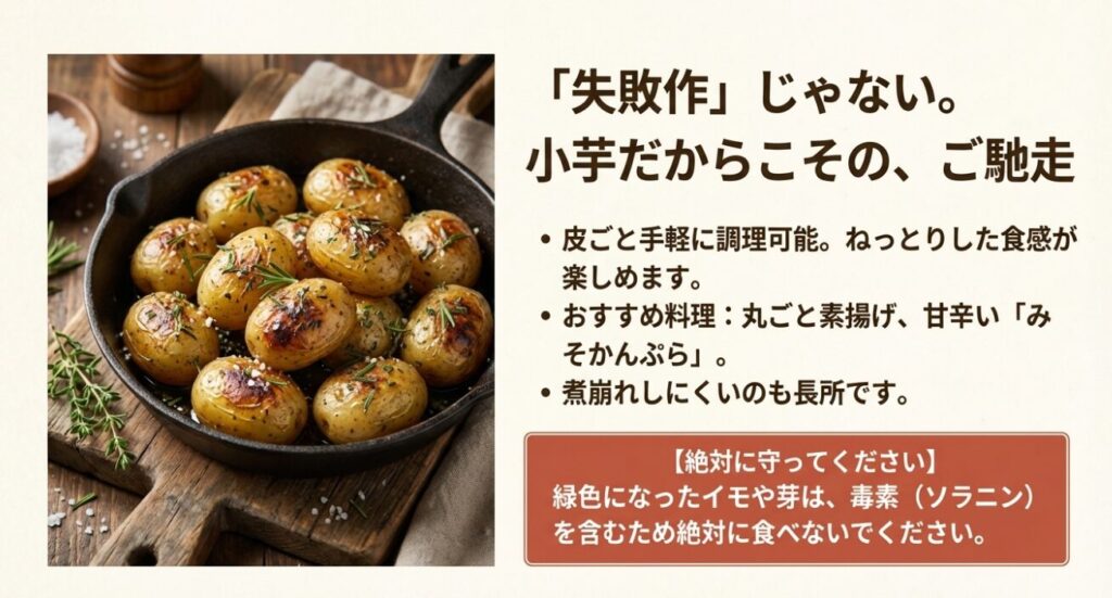 小芋の素揚げ料理と緑化したイモの毒素への注意喚起