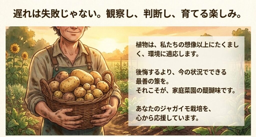 家庭菜園でのジャガイモ収穫と応援メッセージ
