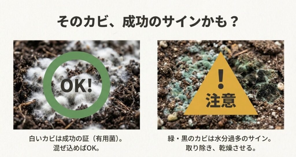 白いカビは成功の証(有用菌)、緑や黒のカビは水分過多の注意サイン。