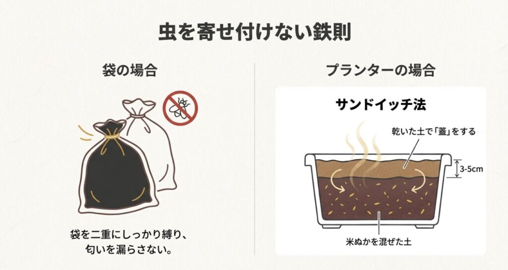 乾いた土で蓋をする「サンドイッチ法」や、袋を二重にして匂いを漏らさない対策。