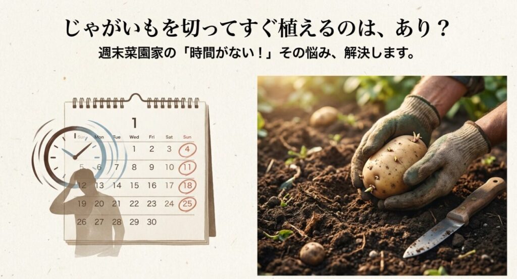 週末菜園家の悩み「時間がない」を解決するじゃがいもの即植えスケジュールとタイトルスライド