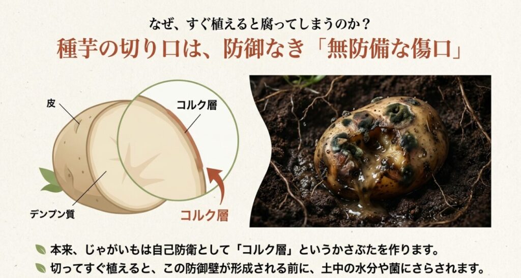 じゃがいもの断面図解。デンプン質と自己防衛機能であるコルク層が形成される仕組み