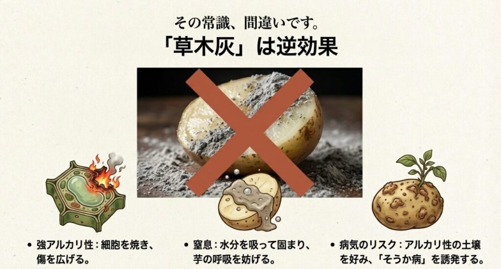 草木灰の強アルカリ性がじゃがいもの細胞を破壊し、そうか病のリスクを高める理由の図解