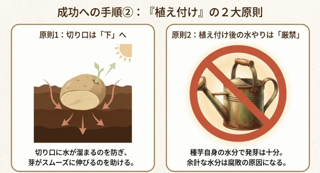 じゃがいも植え付けの鉄則。切り口を下に向けて植えることと、植え付け後の水やり禁止のイラスト解説