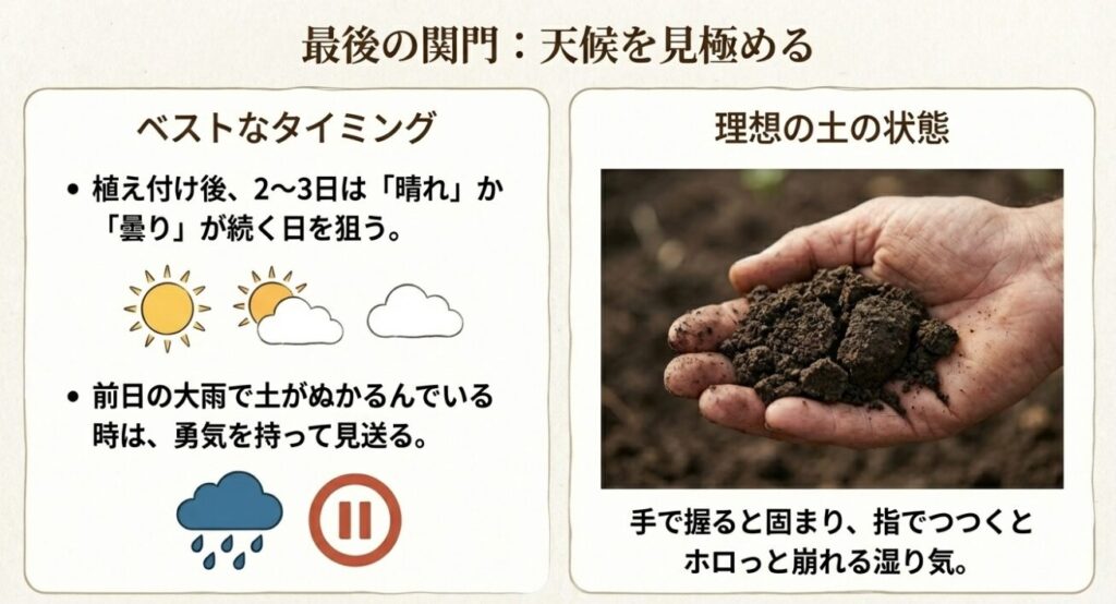 植え付けに適した晴れ・曇りの天気と、手で握って崩れる程度の理想的な土の湿り気の確認方法