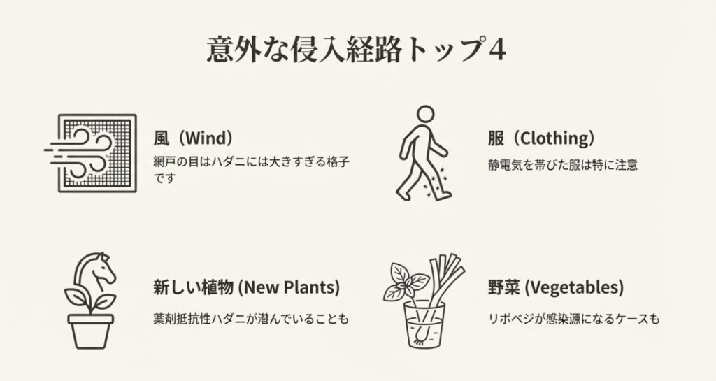 風、服、新しい植物、野菜（リボベジ）など、ハダニが室内に侵入する主な4つのルート